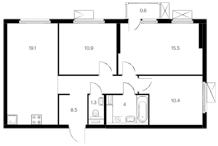 3-комнатная квартира 70.3 м², 10/12 эт., ЖК «Витебский парк»